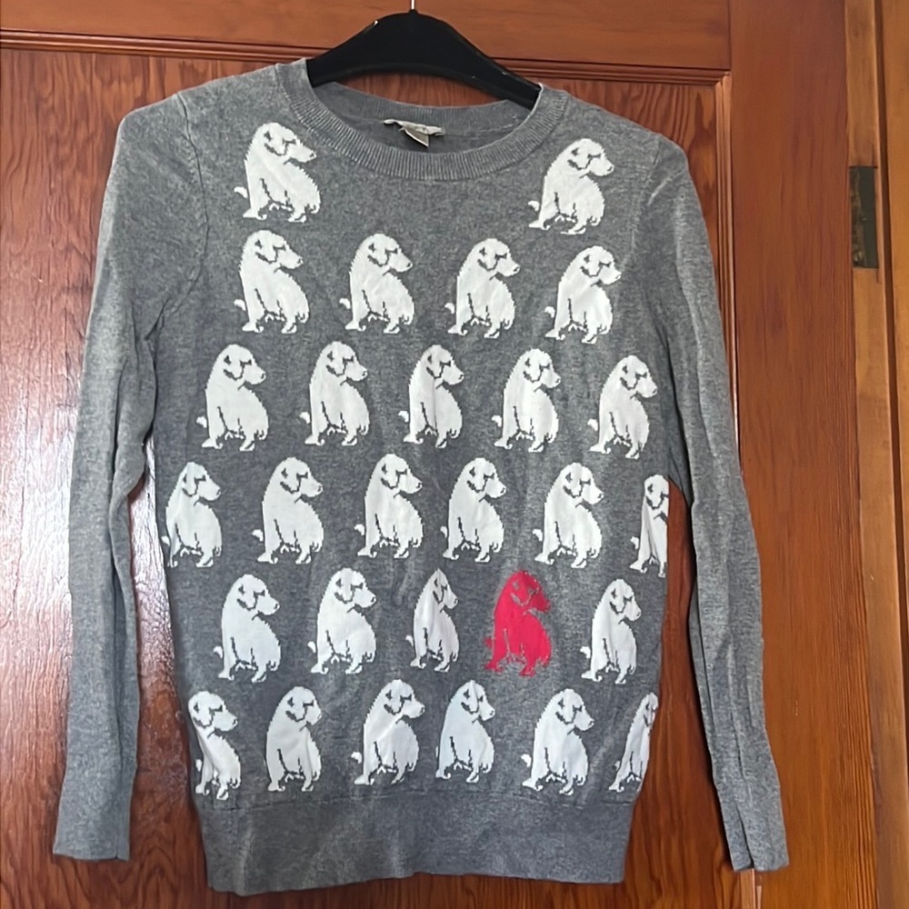 Loft Size Medium Grey Crew Sweater White Dog and one Red Dog